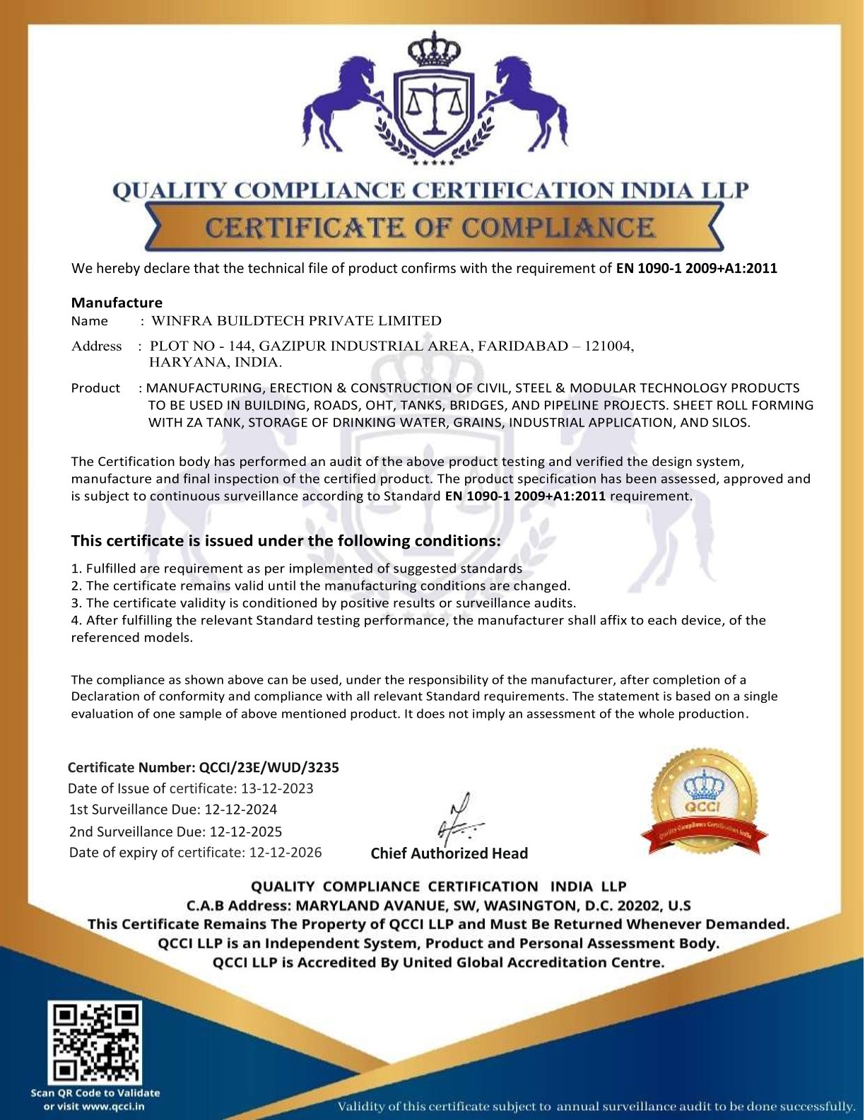 winfra qcci EN 1090-1 certificate